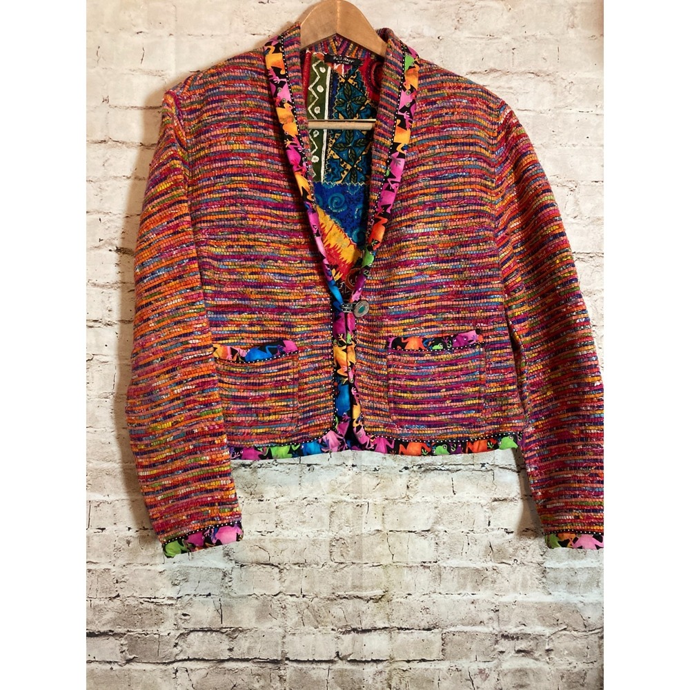 Bev Cobb Artsy Jacket Womens XL Art To Wear Rare Fabb Raggs Mexican Rug Fabric